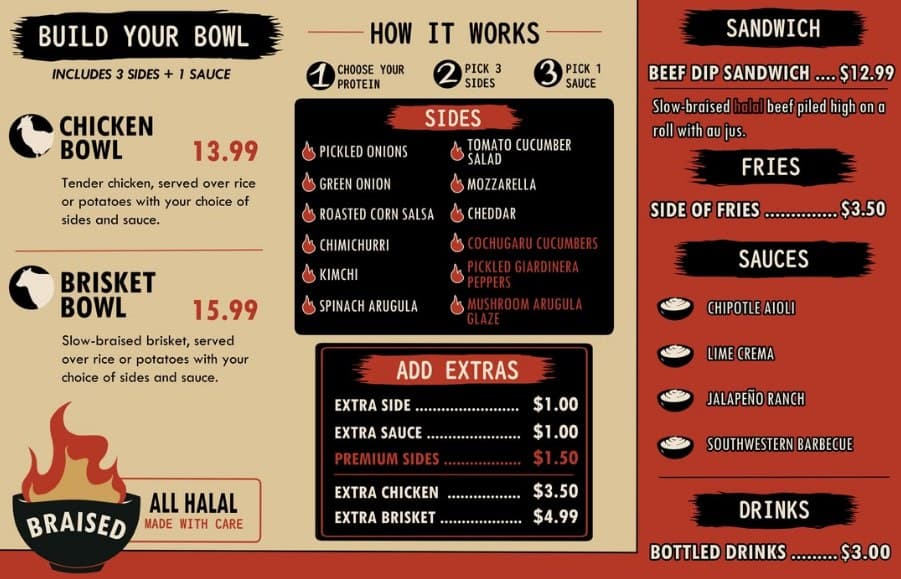 Braised in-store menu board listing build-your-bowl options, sides, sauces and prices